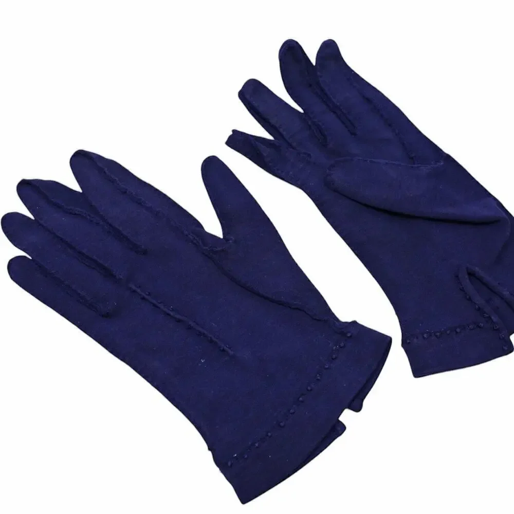 Vintage Blue Cotton Gloves French Knots Wrist Length Outside Stitching - Hey Viv